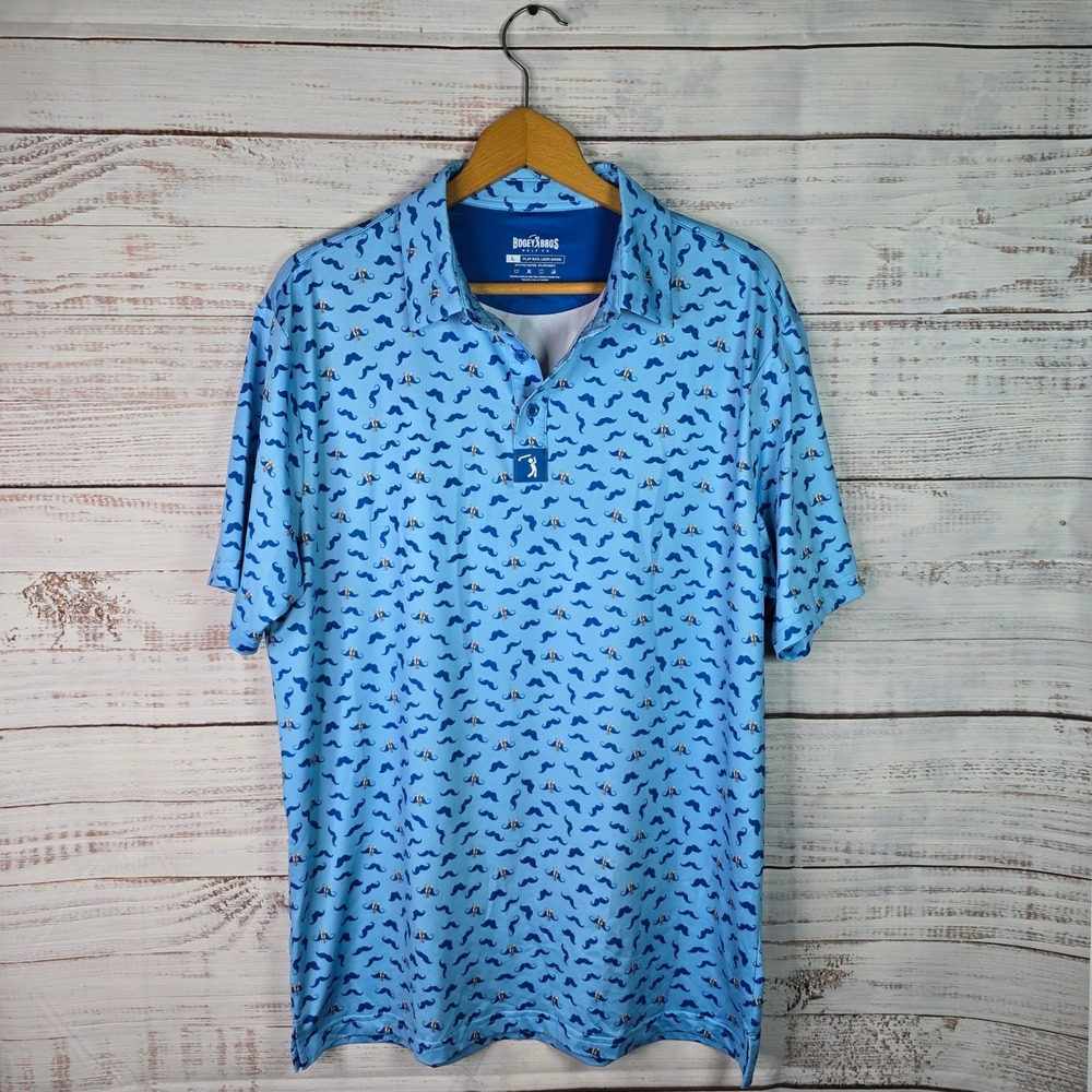 Bogey Bros Golf Co Men's Large Blue Mustache Print Performance Golf Polo